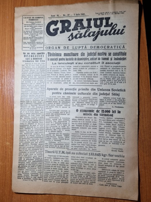 graiul salajului 2 iulie 1949-art.zalau ,sat pausa,firminis,huseni,mina sarmasag