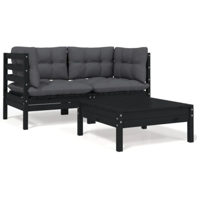 Gossi set mobilier gradina cu perne, 3 piese, negru, lemn masiv pin foto