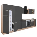 Mobilă de bucătărie Yorki 370, corp din stejar sonoma, front antracit satinat, element cuptor inferior, dulap cu rafturi și frigider cu congelator sup