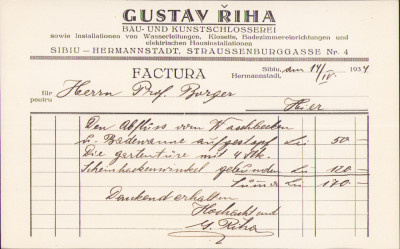 HST A1897 Factură antet firma instalații Gustav Riha Sibiu 1934 foto