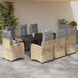 VidaXL Set de masă pentru grădină, 9 piese, cu perne, bej, poliratan
