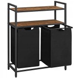 Raft baie cu cosuri rufe, Artool, placa MDF, cadru otel, 2 compartimente rufe, 2 rafturi, maro rustic si negru, 73x33x91 cm, Leobert