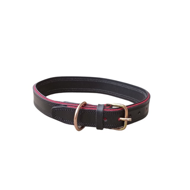 Zgarda dubla pentru caini, piele naturala cu banda rosie, 70x4 cm