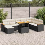 Set mobilier gradina Gossi, 9 piese, poliratan negru/lemn acacia, perne incluse, depozitare, rezistent intemperii