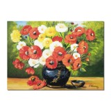Tablou arajament floral cu maci pictat manual, Beatitudine, 70x50cm ulei pe panza