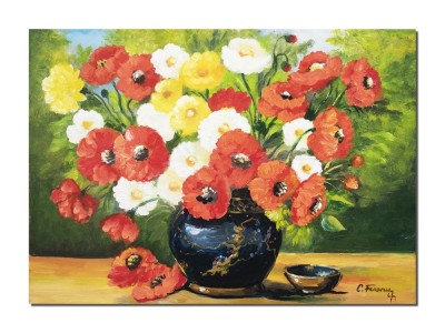 Tablou arajament floral cu maci pictat manual, Beatitudine, 70x50cm ulei pe panza, Constantin Feraru foto