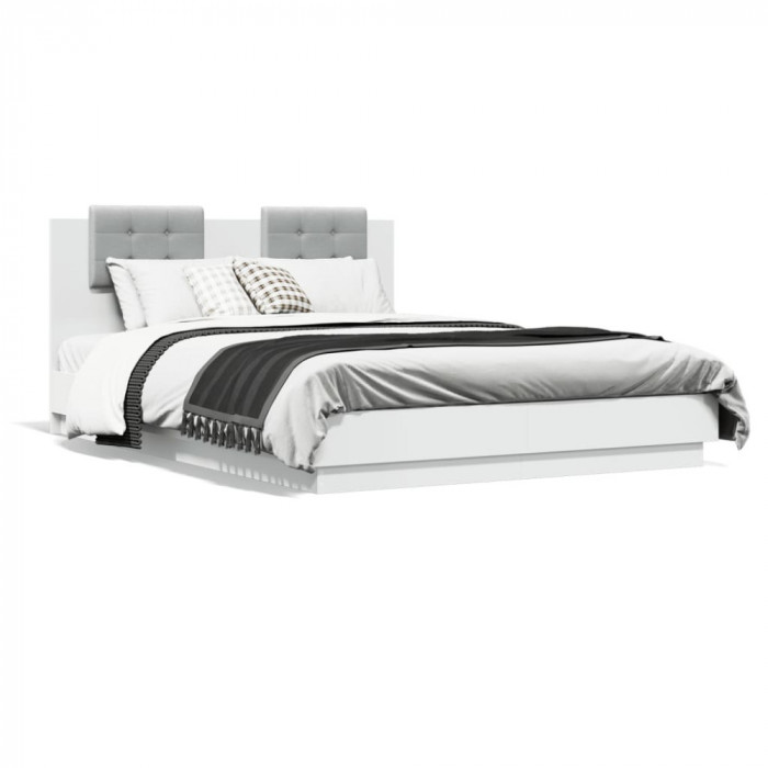 vidaXL Cadru de pat cu tăblie și lumini LED, alb, 150x200 cm