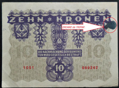 Bancnota istorica 10 COROANE / KRONEN- AUSTRIA, anul 1922 *cod 366 EROARE TIPAR foto