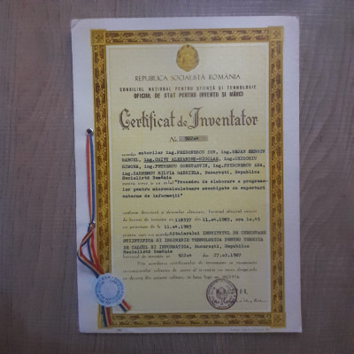 R.S.R. Certificat de inventator nr.92202/11.04.1985 ora 10,15 foto