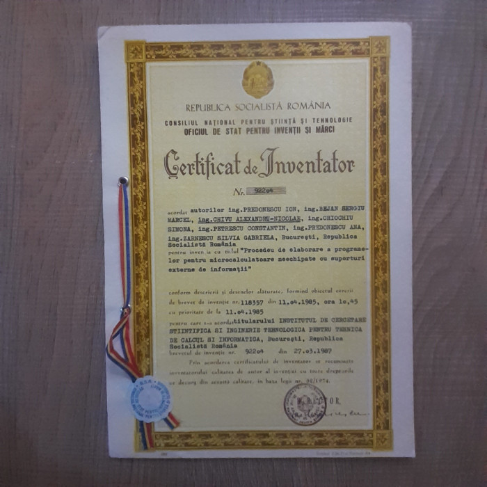 R.S.R. Certificat de inventator nr.92202/11.04.1985 ora 10,15