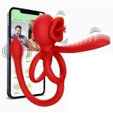 Inel de Penis Tongue Licking with Sleeve&amp;Anal Stim, Control Bluetooth, Aplicatie Mobila, Silicon, USB, Rosu