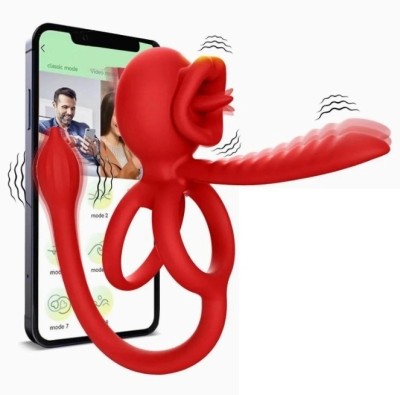 Inel de Penis Tongue Licking with Sleeve&amp;amp;Anal Stim, Control Bluetooth, Aplicatie Mobila, Silicon, USB, Rosu foto