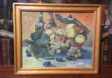 Tablou &rdquo;Coș de fructe cu două sticle&rdquo; (50x60cm., 1964, semnat dreapta jos), Natura statica, Ulei, Realism