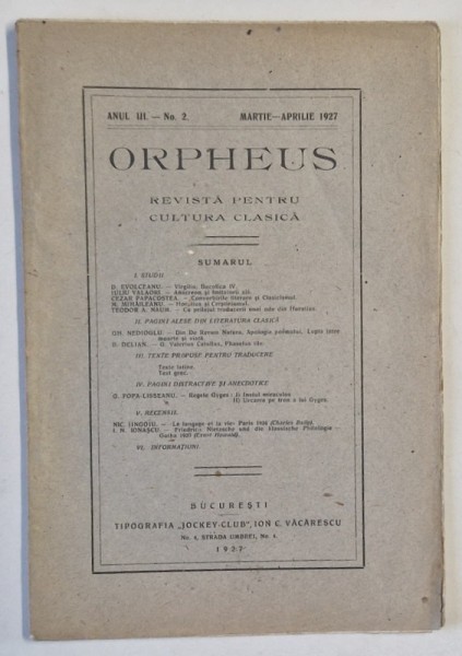 ORPHEUS , REVISTA PENTRU CULTURA CLASICA , NR. 2 , 1927