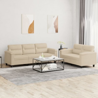 vidaXL Set de canapele cu perne, 2 piese, crem, microfibră foto