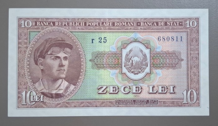 Bancnota 10 lei 1952, seria r 25 680811 - stare excelenta