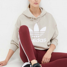 adidas Originals hanorac de bumbac femei, culoarea bej, cu glugă, cu imprimeu