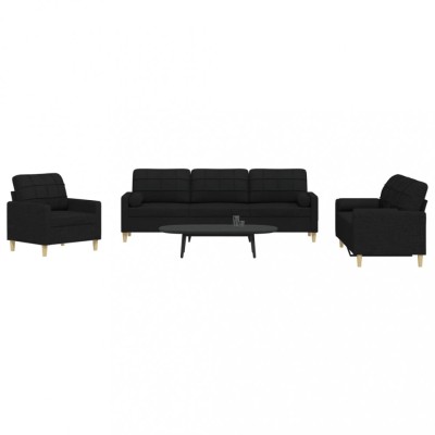 vidaXL Set de canapele cu perne decorative, 3 piese, negru, textil 3278307 foto