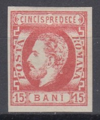 ROMANIA 1872 LP 32 REGELE CAROL I CU BARBA 15 BANI ROSU GUMA ORIGINALA SARNIERA