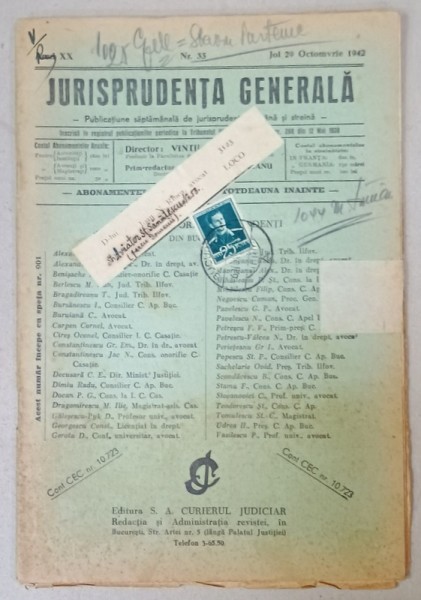 JURISPRUDENTA GENERALA , PUBLICATIUNE SAPTAMANALA DE JURISPRUDENTA ROMANA SI STRAINA , NR. 33 , 1942