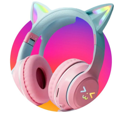Casti Wireless Bluetooth Xentech Light Led RGB urechi pisica pentru copii ST89M - verde-roz foto