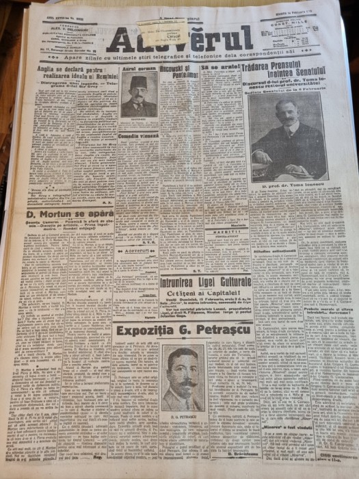 adevarul 14 februarie 1915-articole primul razboi mondial,expozitie petrascu,