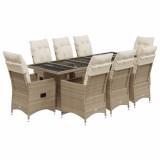 Cumpara ieftin Set bistro de gradina, 9 piese, cu perne, bej, poliratan