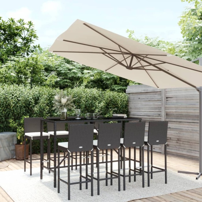 vidaXL Set mobilier bar de grădină cu perne, 9 piese, negru, poliratan 3187647