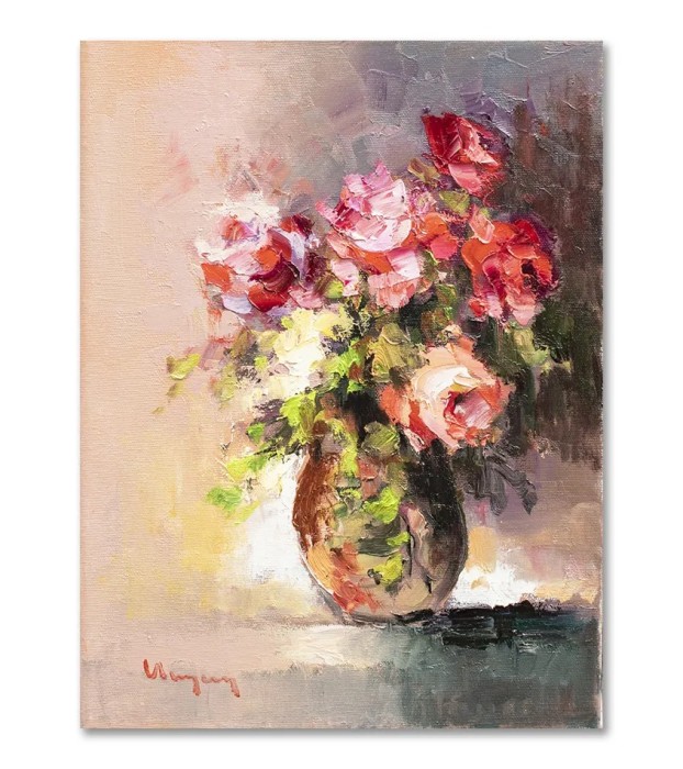 Tablou cu trandafiri rosii pictat manual, Gingasie, 40x30cm ulei pe panza, Geo Ungureanu