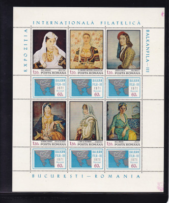 ROMANIA 1971 LP 765 a BALKANFILA BLOC DE 6 MARCI SI 6 VINIETE MNH foto