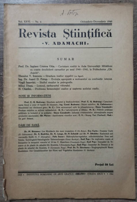 Revista Stiintifica V. Adamachi, octombrie-decembrie 1940