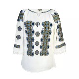 Cumpara ieftin Bluza Tip Ie Traditionala Alba cu Motiv Geometric Albastru de Dama - IMS144