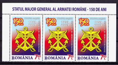 ✅RO 2009 ,LP 1849 ,&amp;quot;Statul Major -150 ani &amp;quot;straif de 3 din mcoala- tab sus,MNH foto