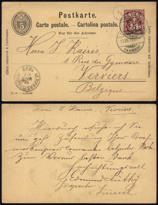 Switzerland 1899 Uprated postcard stationery Zurich to Verviers Belgium D.1036