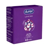 Set prezervative DUREX Love Mix, diverse sortimente, extra subțiri, aromate, texturate și extra lubrifiate, din latex, diametru 56 &plusmn; 2 mm, 40 buc