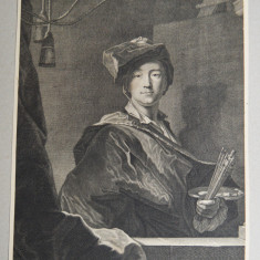 Johann Jacob Kleinschmidt' "Portretul lui Hyacinthe Rigaud" gravura cca 1720