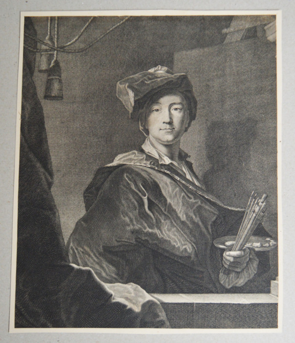 Johann Jacob Kleinschmidt&#039; &quot;Portretul lui Hyacinthe Rigaud&quot; gravura cca 1720