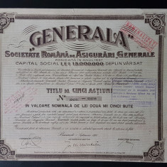Actiuni soc. de asigurari GENERALA , 1920 , titlu de 5 actiuni