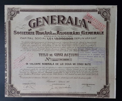 Actiuni soc. de asigurari GENERALA , 1920 , titlu de 5 actiuni foto