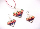 Set Bijuterii Lemn Handmade, Motiv Traditional, Colier si Cercei Decoupage, 40/30mm