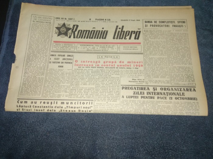 ZIARUL ROMANIA LIBERA 17 SEPTEMBRIE 1949