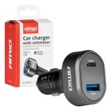 Incarcator auto rapid AMiO 48W cu voltmetru LED, USB-C PD 30W si USB-A QC 3.0