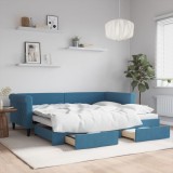 Cumpara ieftin Pat de zi cu extensie și sertare, albastru, 90x200 cm, catifea