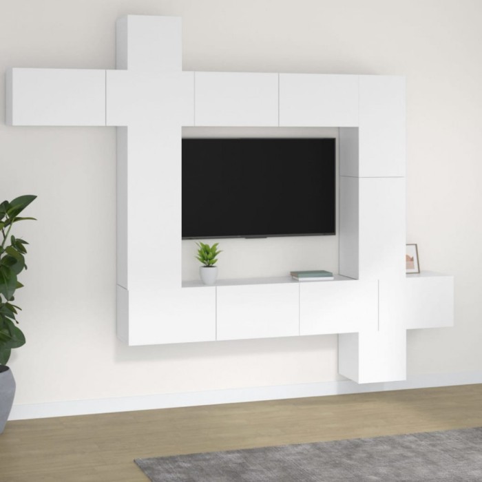 Set comodă TV, 9 piese, alb, lemn prelucrat