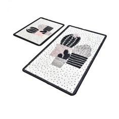 Set 2 Covorase baie Three Cactus, 60 x 100 cm, 50 x 60 cm, Antiderapant, Alb/Negru