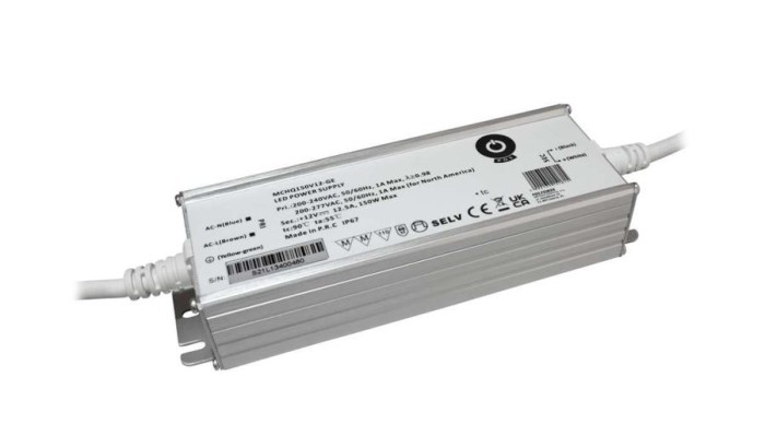 Sursă de alimentare POS MCHQ150V12-GE, driver LED 12V/12.5A 150W CV, carcasă metalică, PFC, intrare CA UE (180-305VAC), IP67, nereglabilă