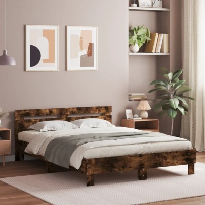 vidaXL Cadru de pat cu tăblie stejar fumuriu 140x190 cm lemn prelucrat 3207438 foto