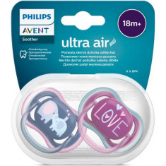 Set 2 suzete Philips-Avent SCF349/22, ultra air 18+ luni, Ortodontice, fara BPA, Love/Elefant