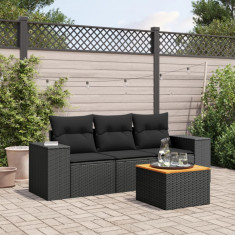 Set mobilier de gradina cu perne, 4 piese, negru, poliratan