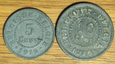 R08 Belgia - set istoric ocupatie germana WWI - 5 + 10 centimes 1915 1916 - zinc - stare f buna ! foto